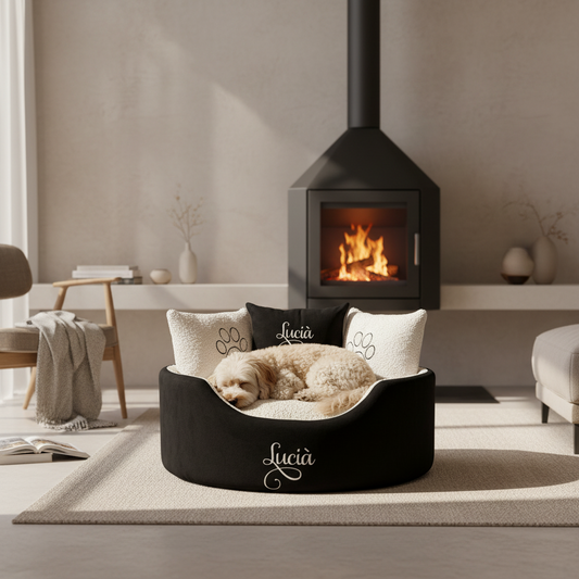 Luxury black suede and cream personalised dog bed