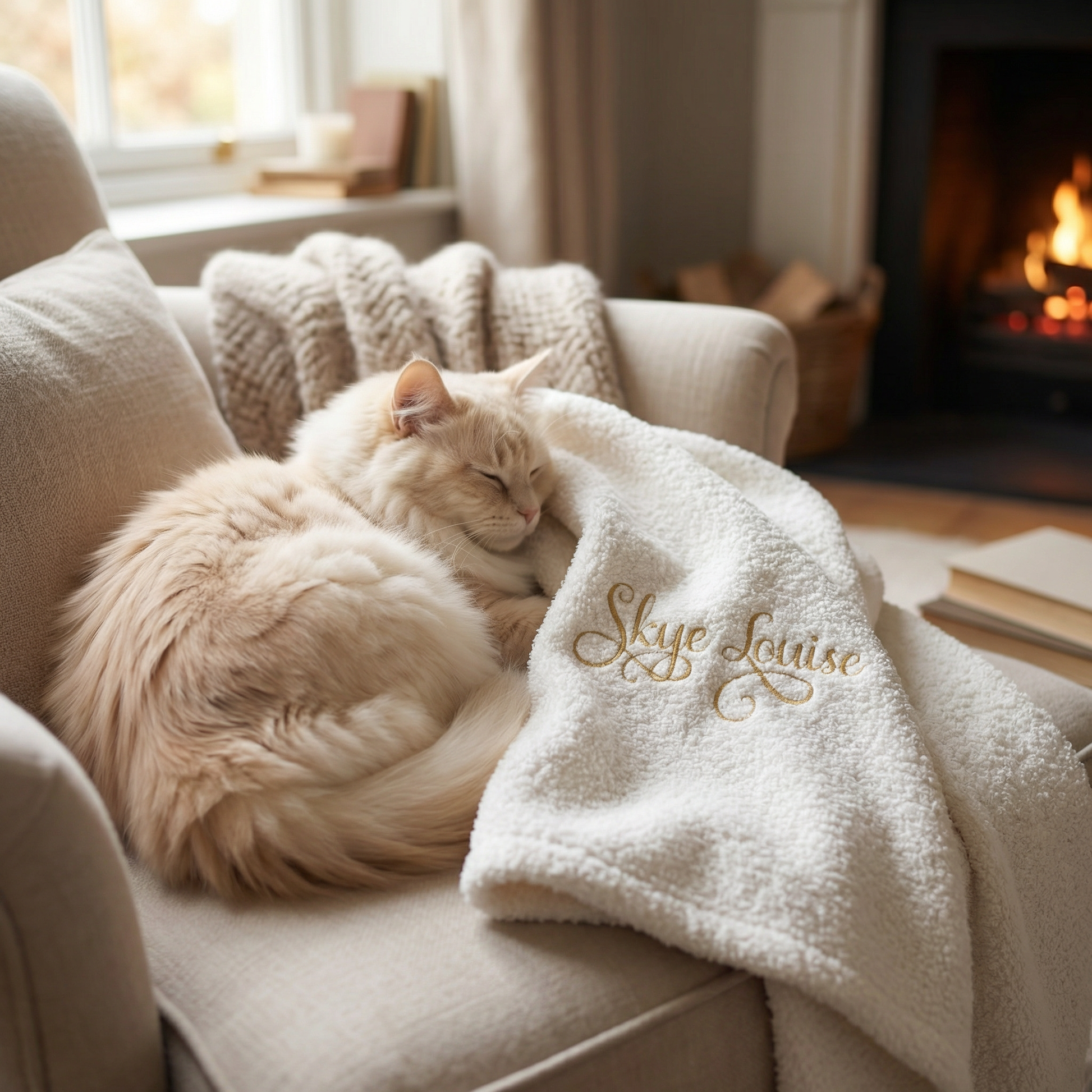 personalised cream and gold cat blanket