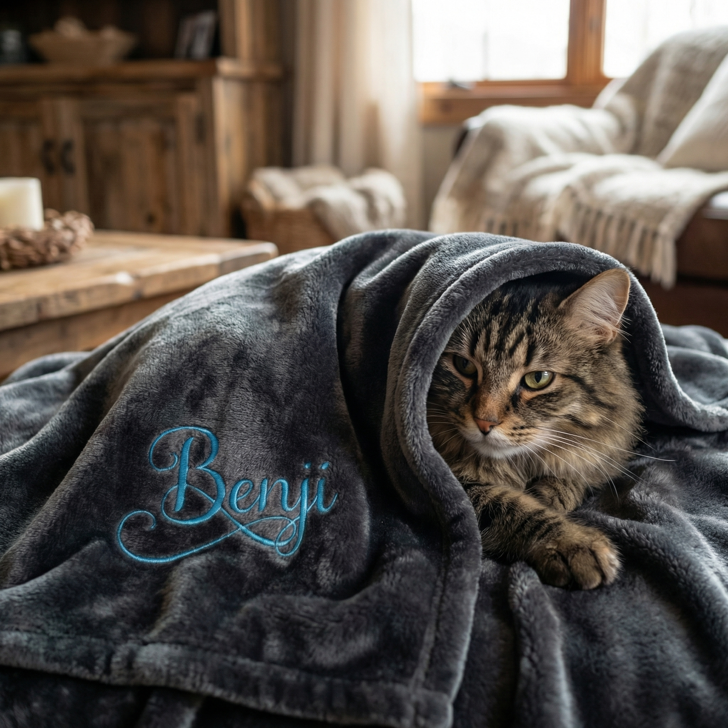 personalised grey and blue cat blanket