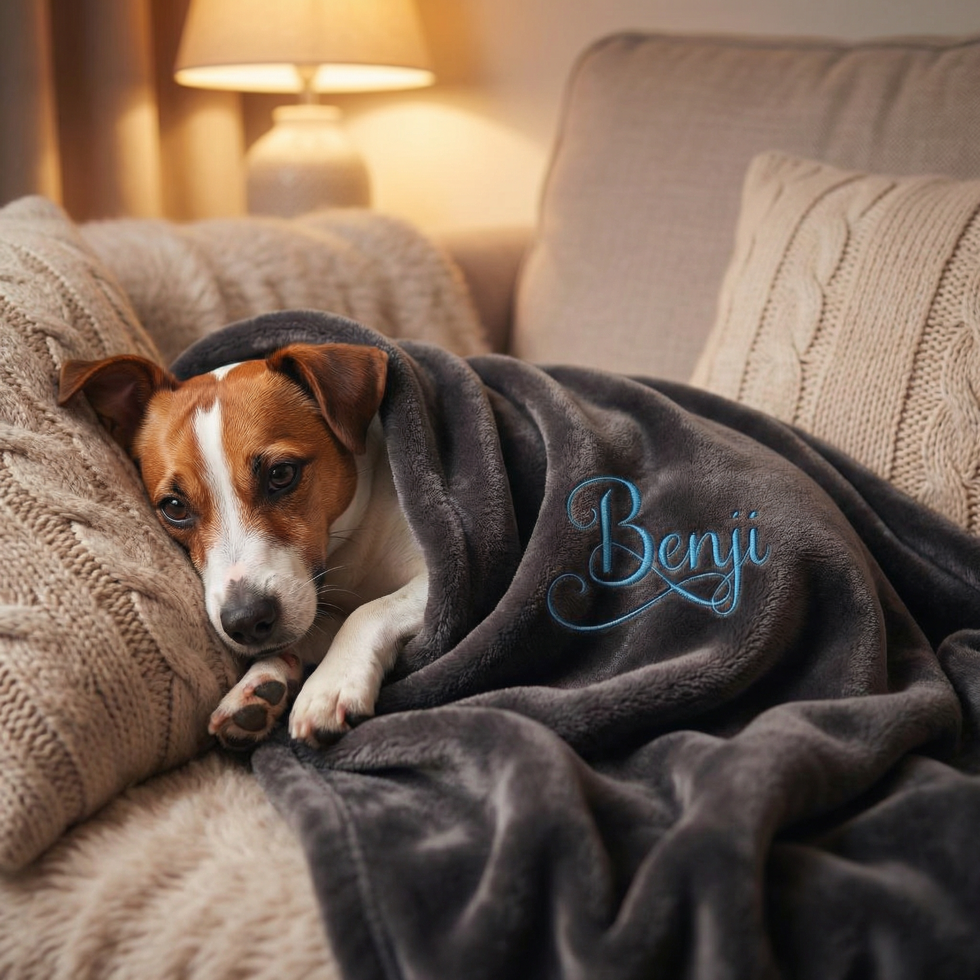 personalised grey and blue dog blanket