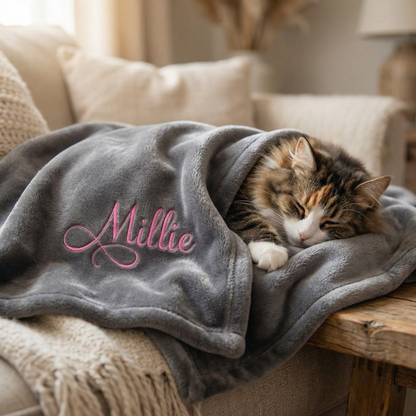 personalised grey and pink supersoft cat blanket 