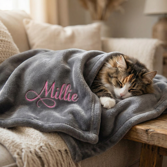personalised grey and pink supersoft cat blanket 