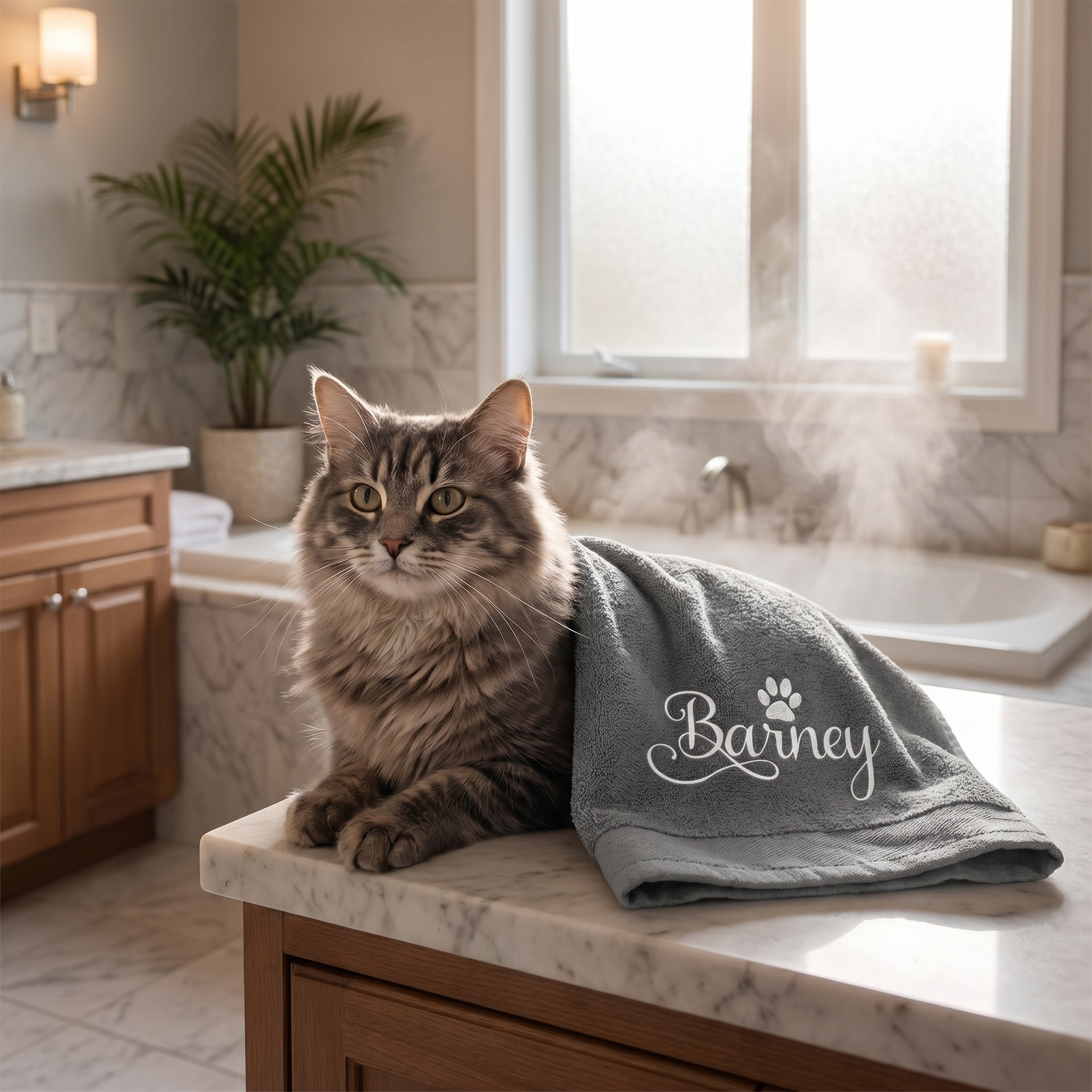 personalised grey cat towel