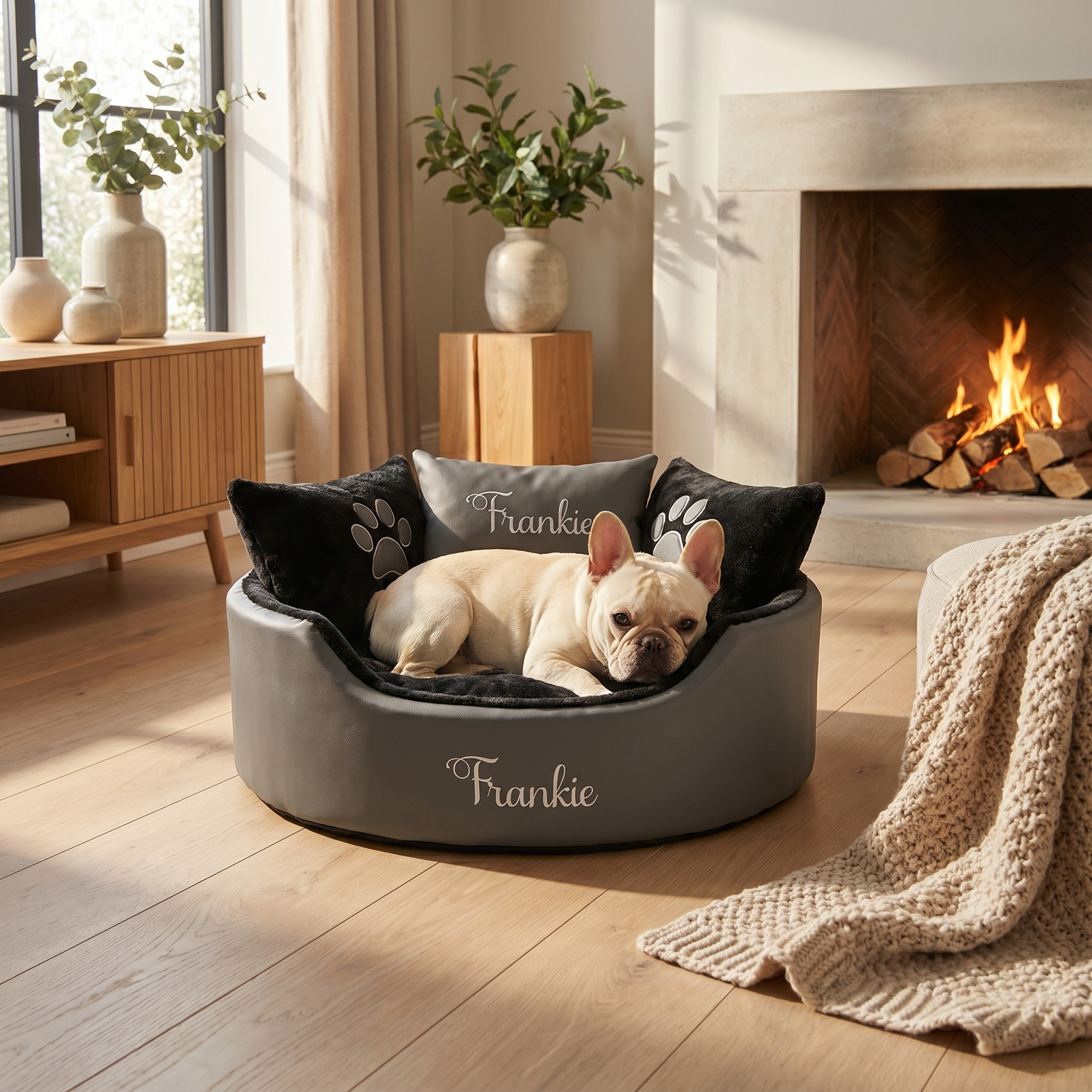 personalised grey leather and black dog bed