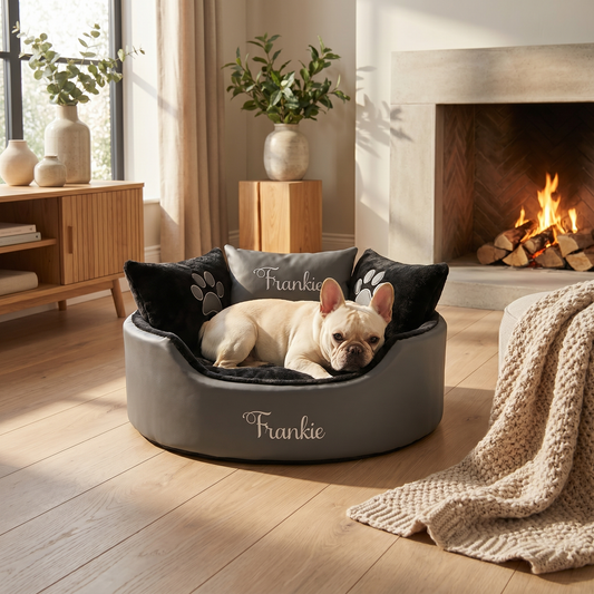 personalised grey leather and black dog bed