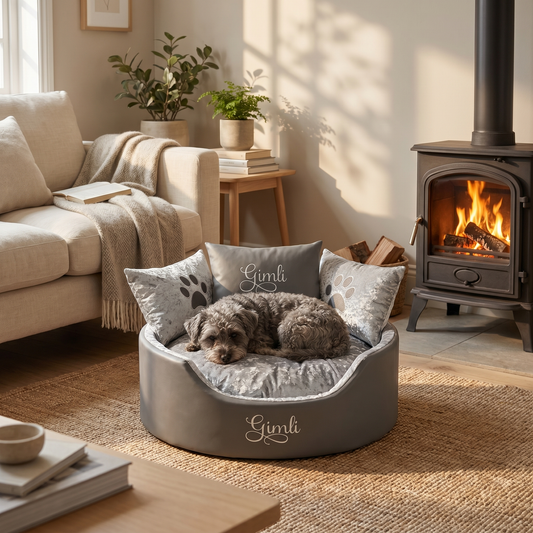 personalised grey leather and crushed velvet dog bed