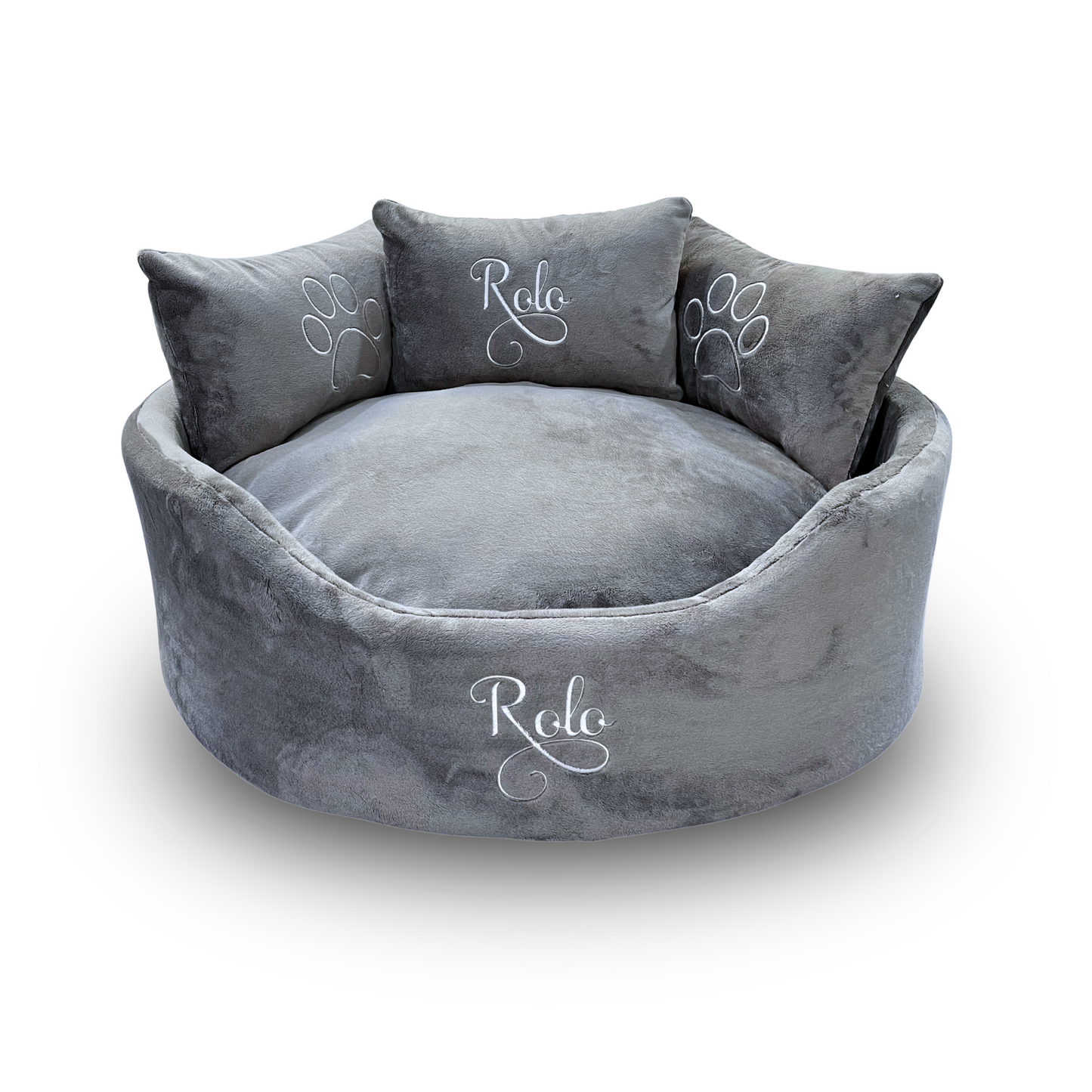 Soft grey super soft dog and cat bed with personalised name embroidery, providing comfort and style for your pet.