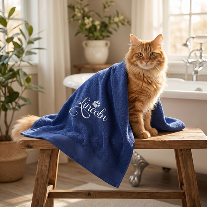 personalised navy cat towel