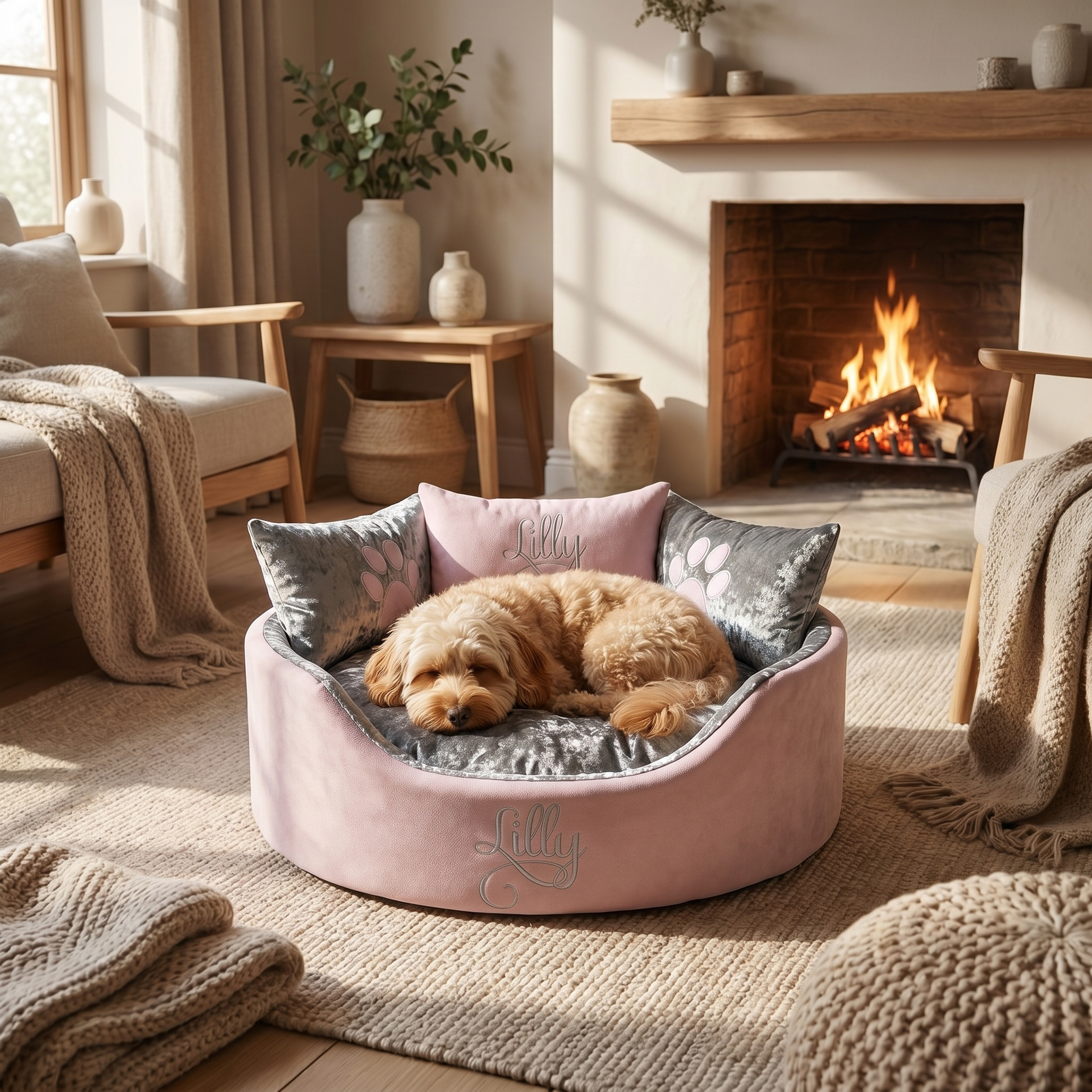 personalised pink suede and silver crushed velvet dog bed
