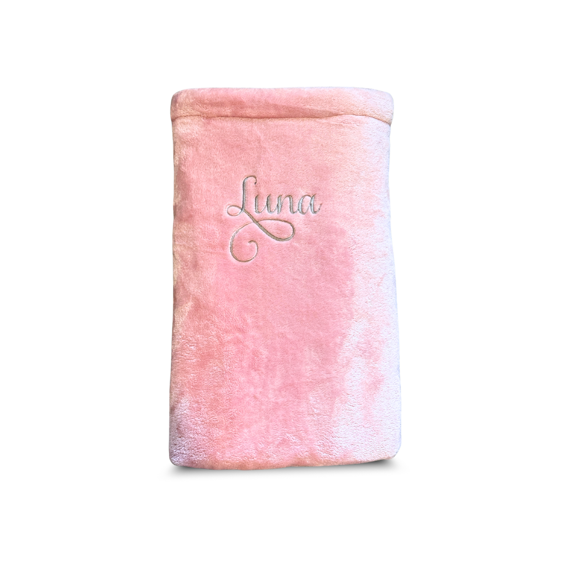 Personalised pink super soft blanket with custom embroidered name, made from plush fleece fabric.