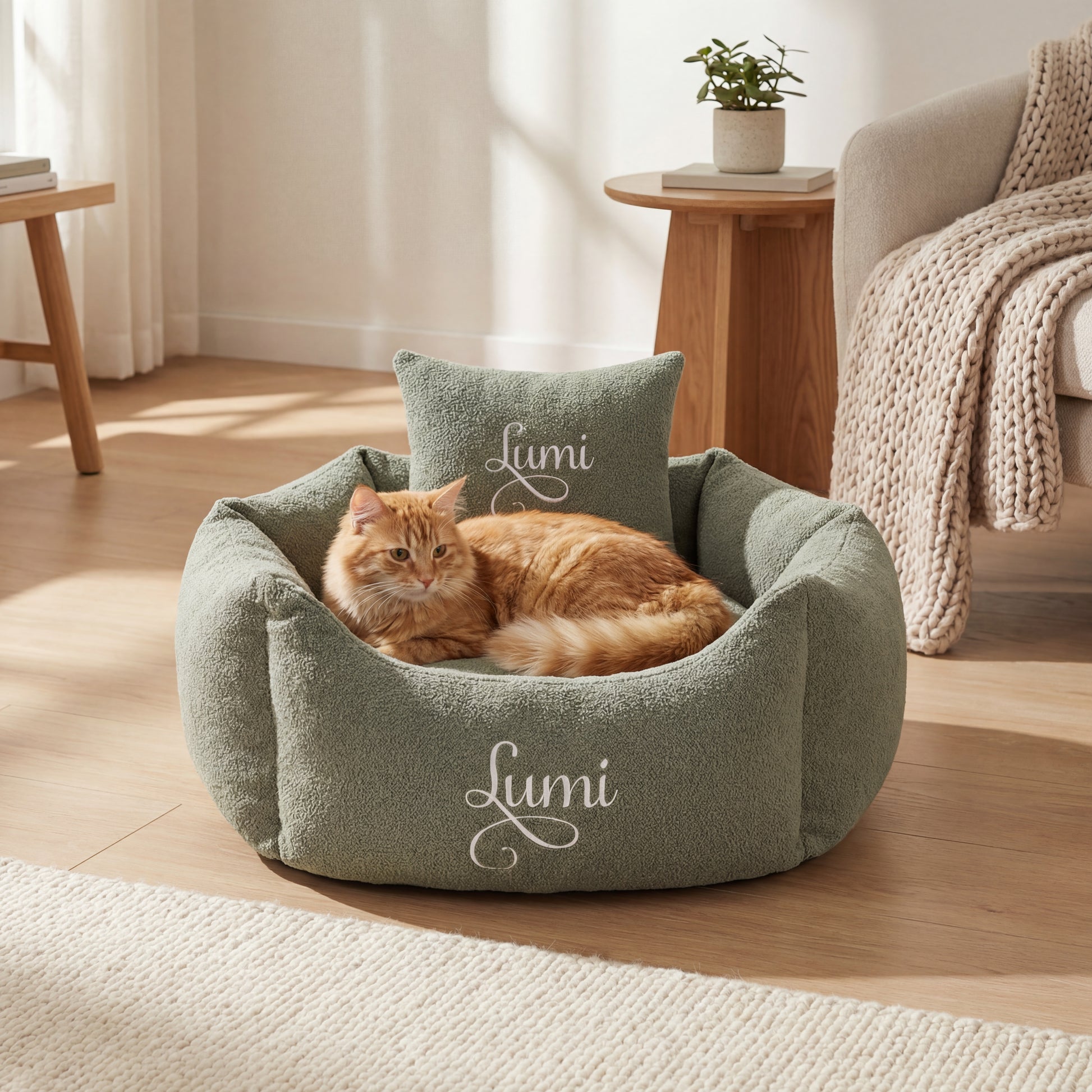 personalised sage and white cat bed 