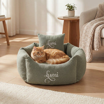 personalised sage and white cat bed 