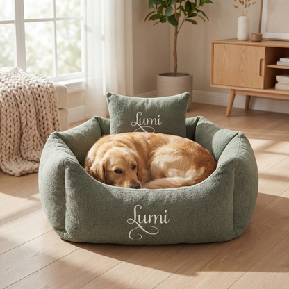 personalised sage and white dog bed