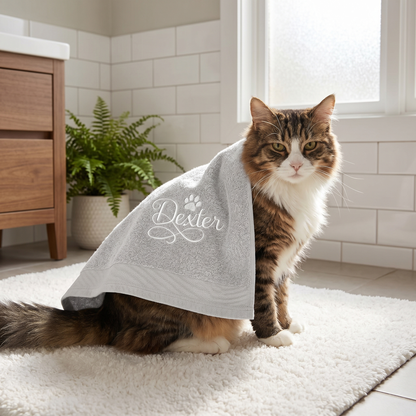 personalised silver cat towel 