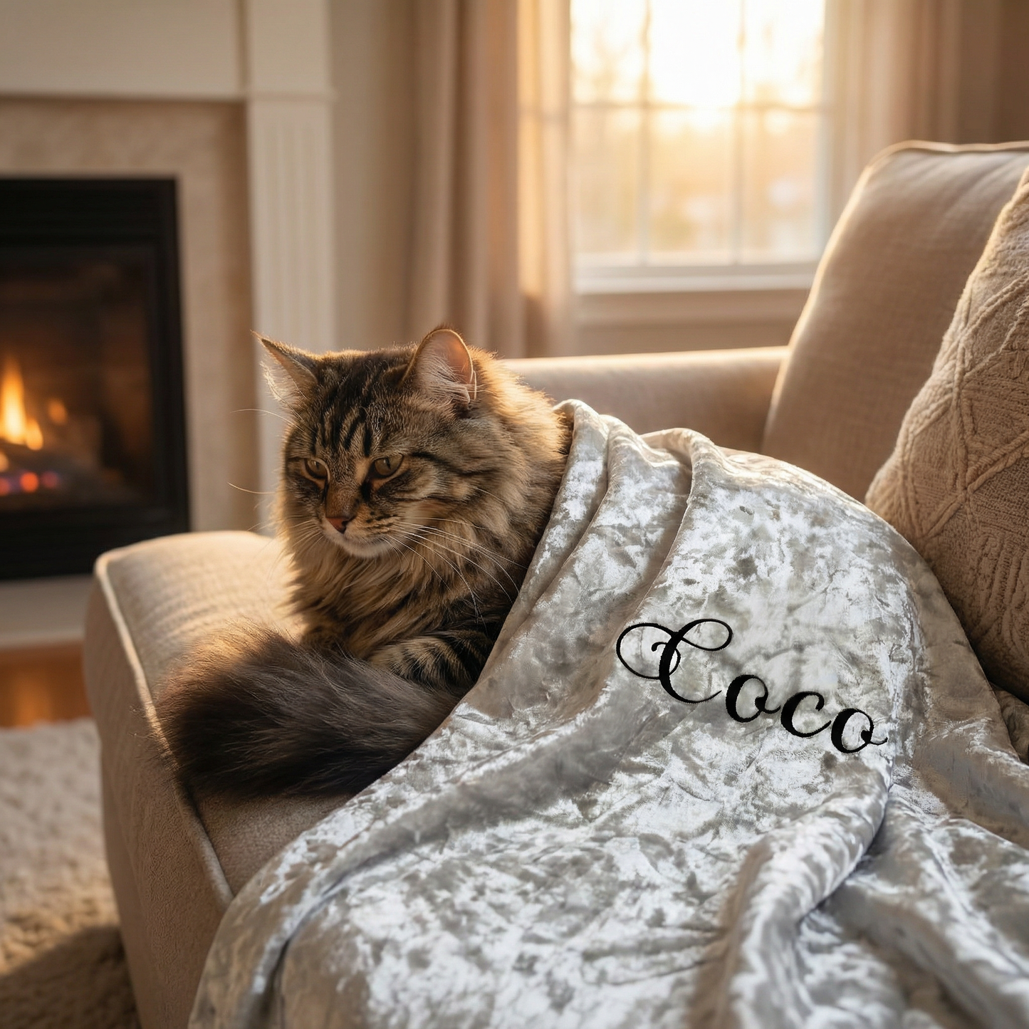 personalised silver crushed velvet cat blanket