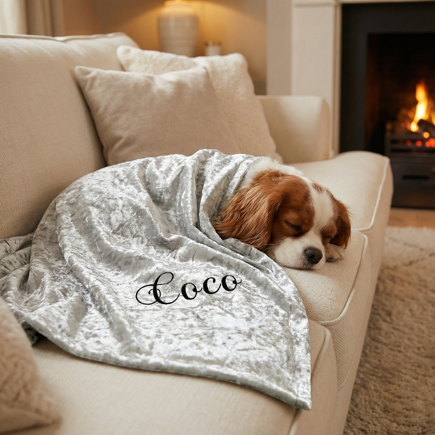 personalised silver crushed velvet dog blanket