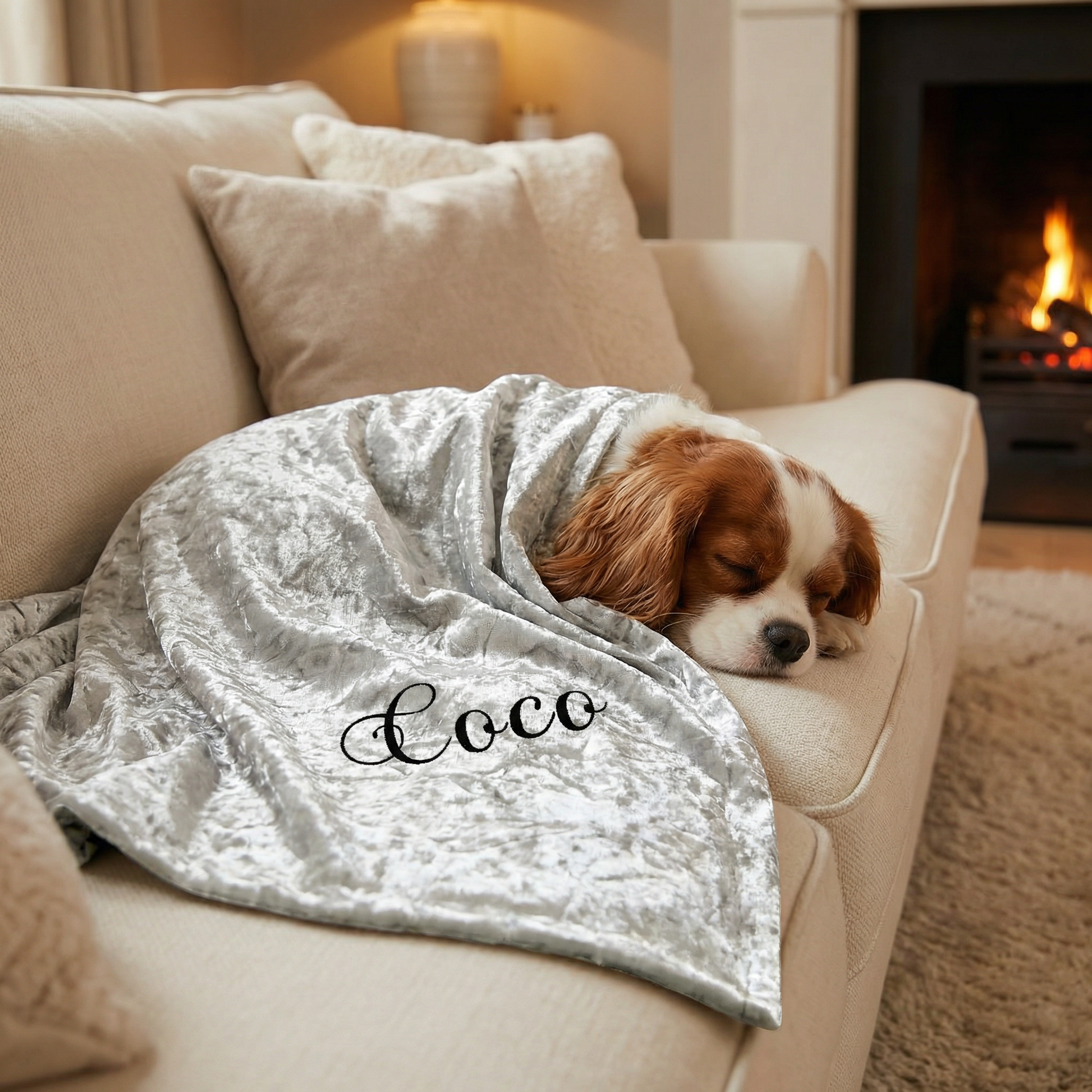 personalised silver crushed velvet dog blanket
