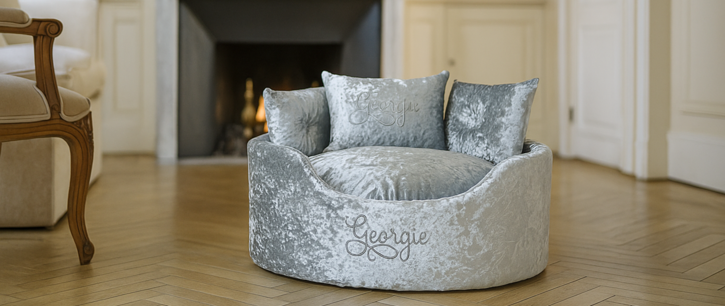 personalised silver crushed velvet dog cat bed