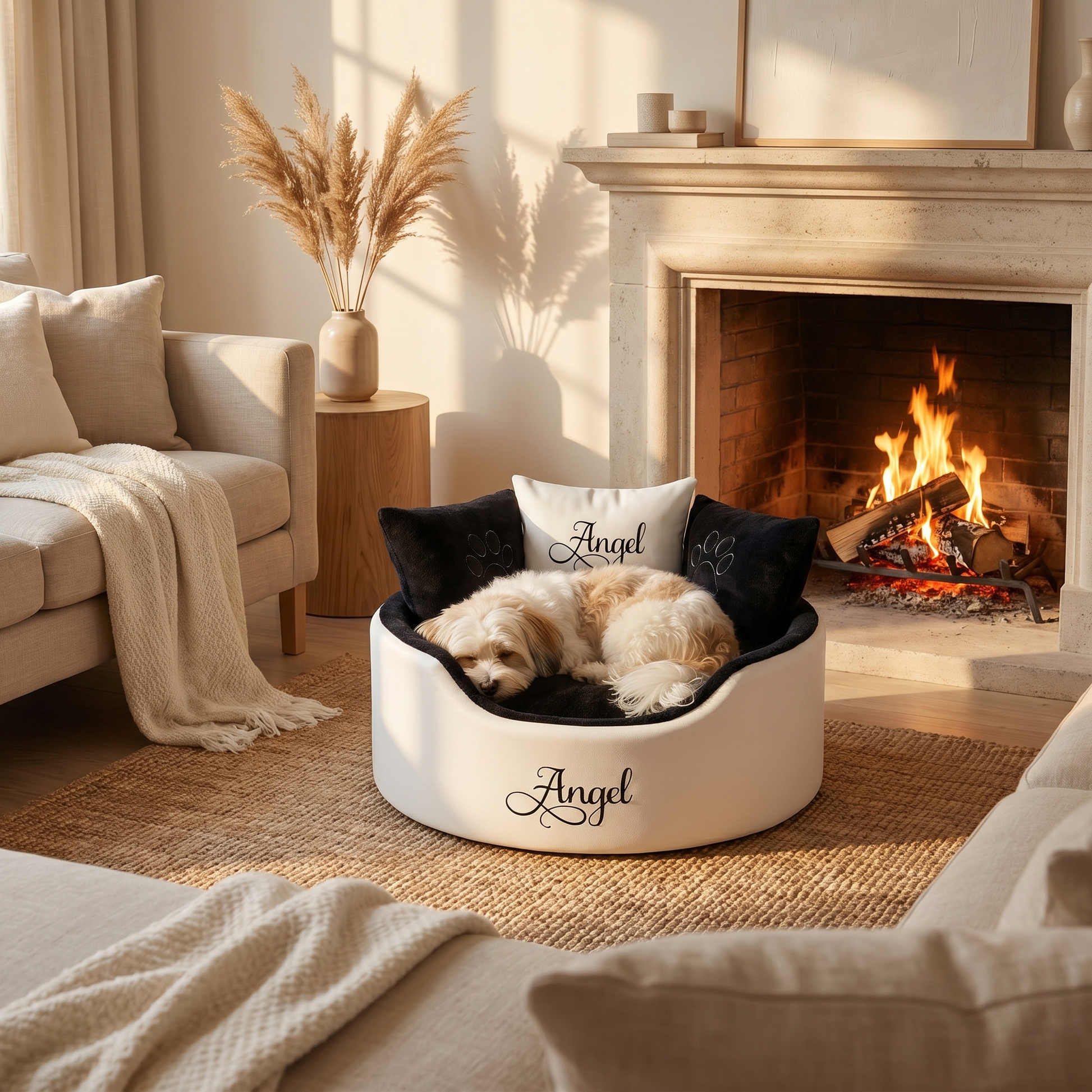 personalised white leather and black dog bed