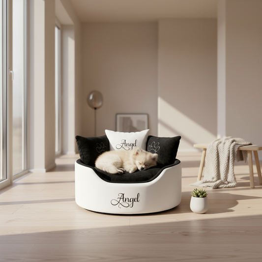 personalised leather and black dog cat bed 3