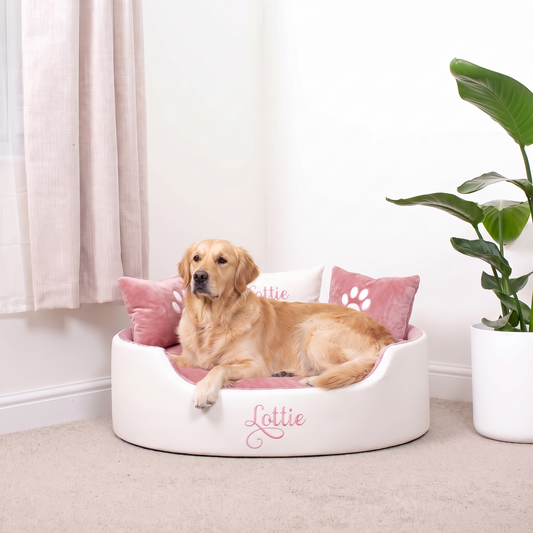 personalised_white_leather_and_pink_large_dog_bed