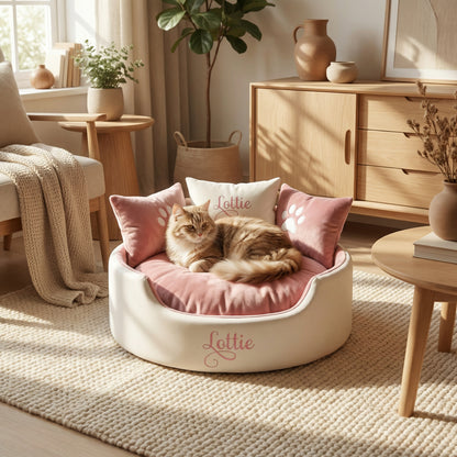 personalised white leather and pink super soft cat bed