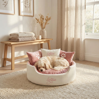 personalised white leather and pink super soft dog bed