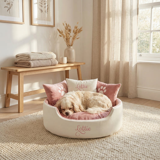 personalised white leather and pink super soft dog bed